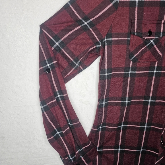 Womens Large Long Sleeve Pockets Button Front Plaid Burgundy Black - Picture 3 of 16
